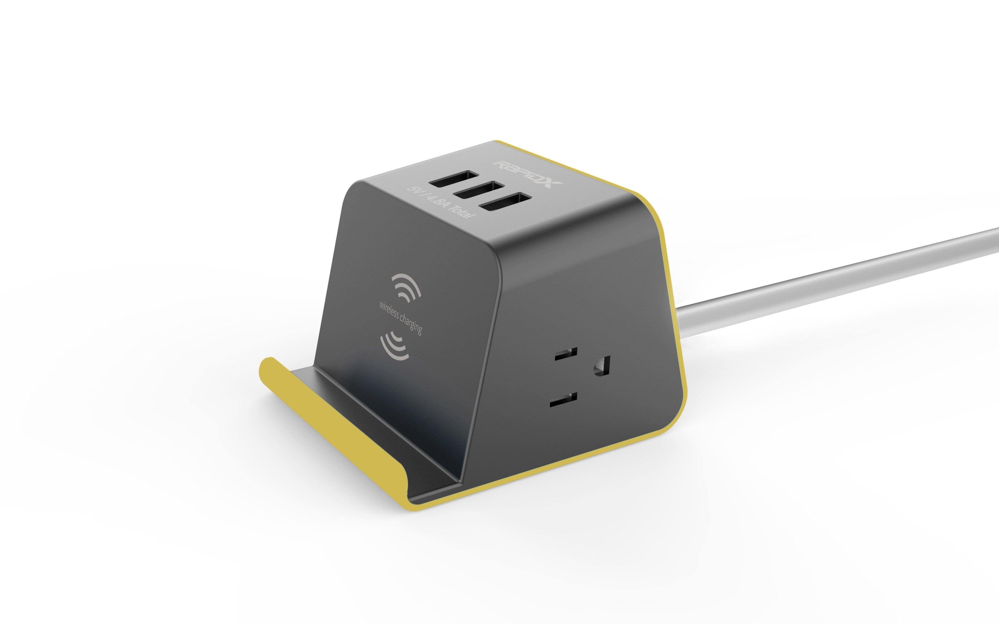 MyDesktop 29W Wireless Charging Stand with 3 USB Ports and 2 Power Outlets - Yellow - RapidX