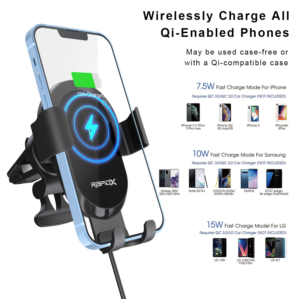 Dashio CW4 Car Vent Mount & Wireless Charger, up to 15W, Slide & Lock Cradle/Clamp, for All Smartphones (iPhone, Samsung, & Other Qi-Enabled Androids)