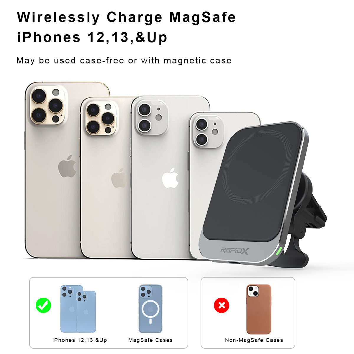 Dashio MW1 Car Vent Mount & Magnetic Wireless Charger Pad, up to 15W, for iPhone 15/14/13/12 & newer, or other iPhone/Android with MagSafe/Magnetic Case