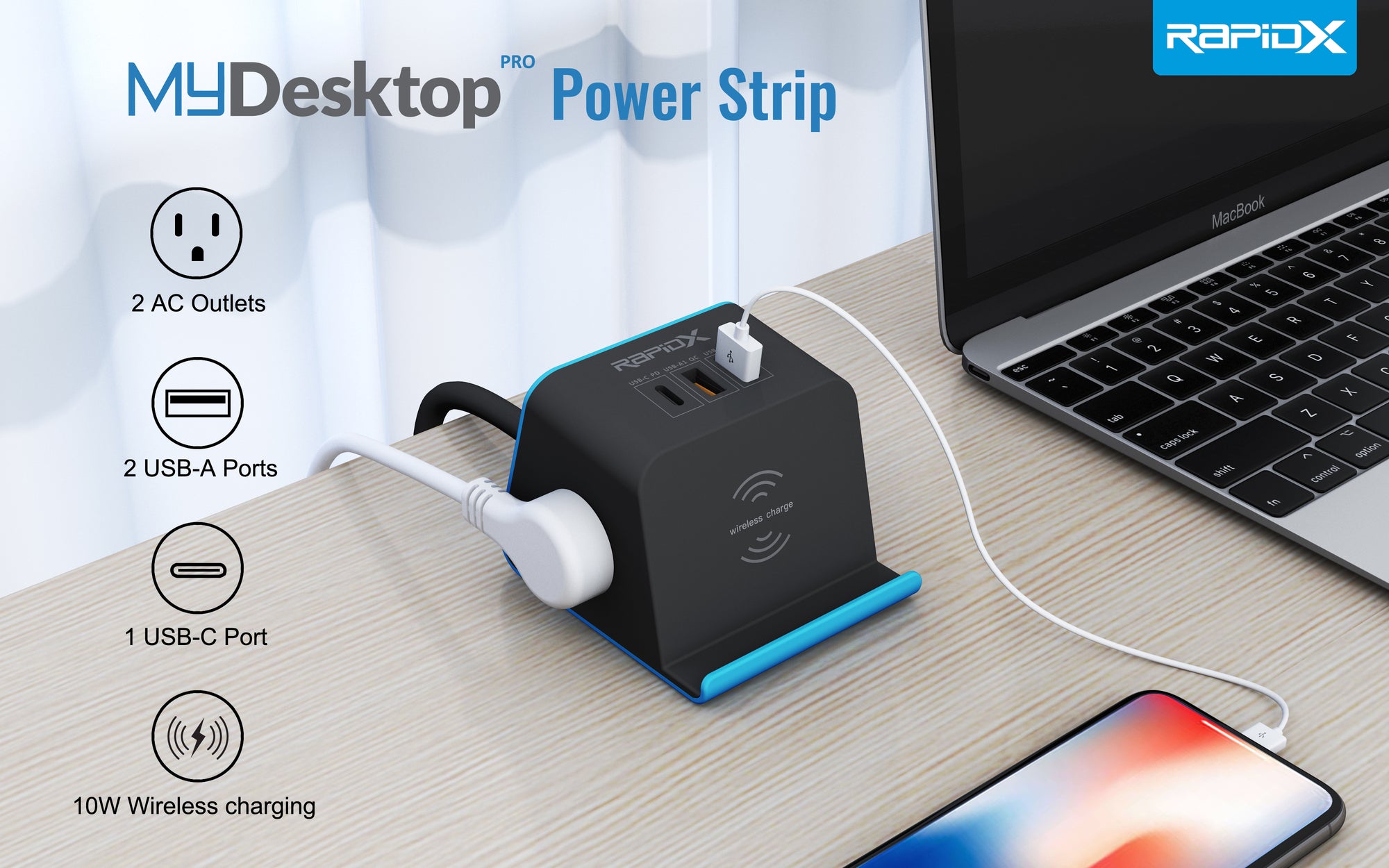 MyDesktop Pro 60W 3 USB Ports and 2 Power Outlets Power Station with Wireless Charging Stand for iPhone, Android, Tablets and Laptops