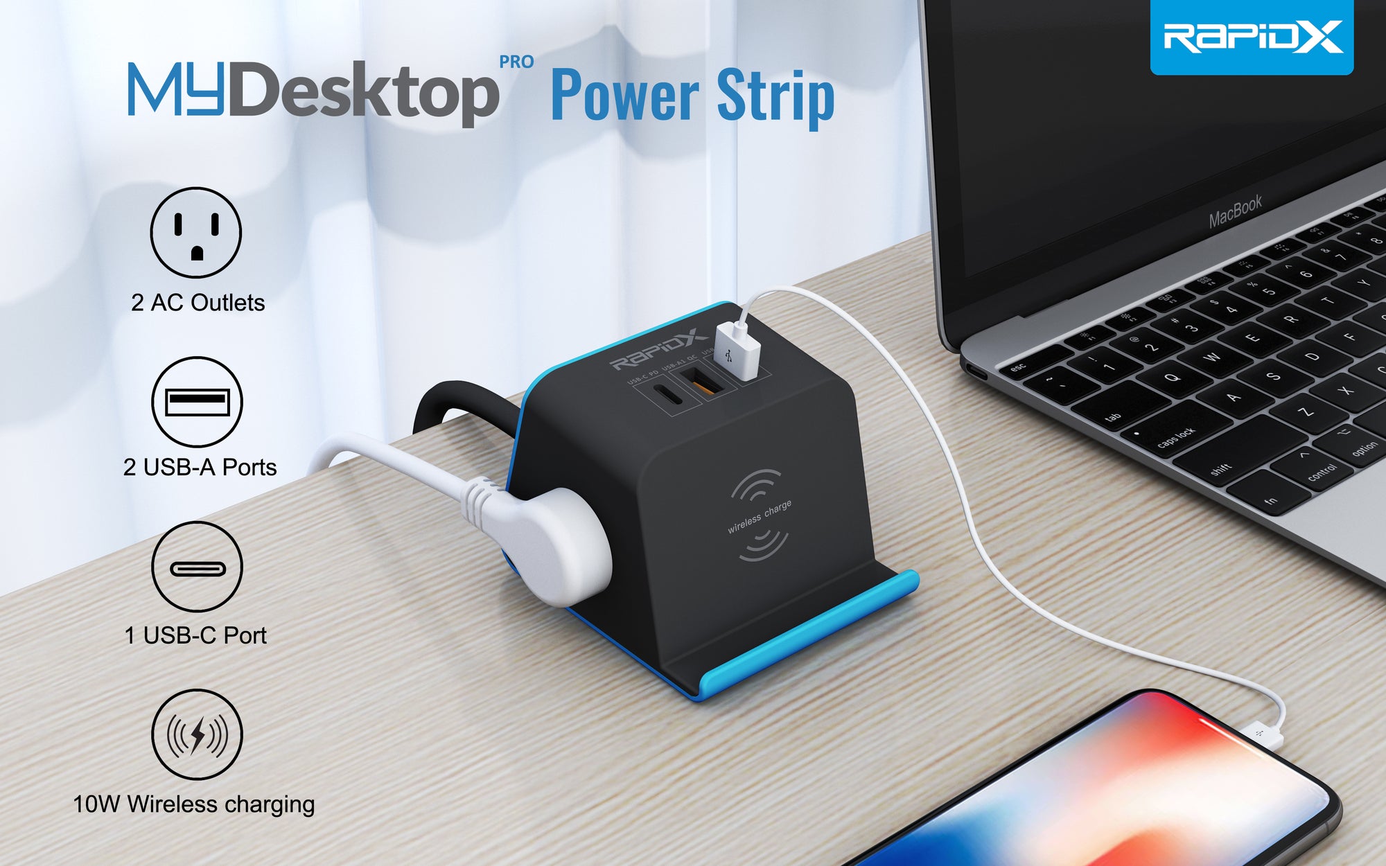 MyDesktop Pro 60W 3 USB Ports and 2 Power Outlets Power Station with W ...
