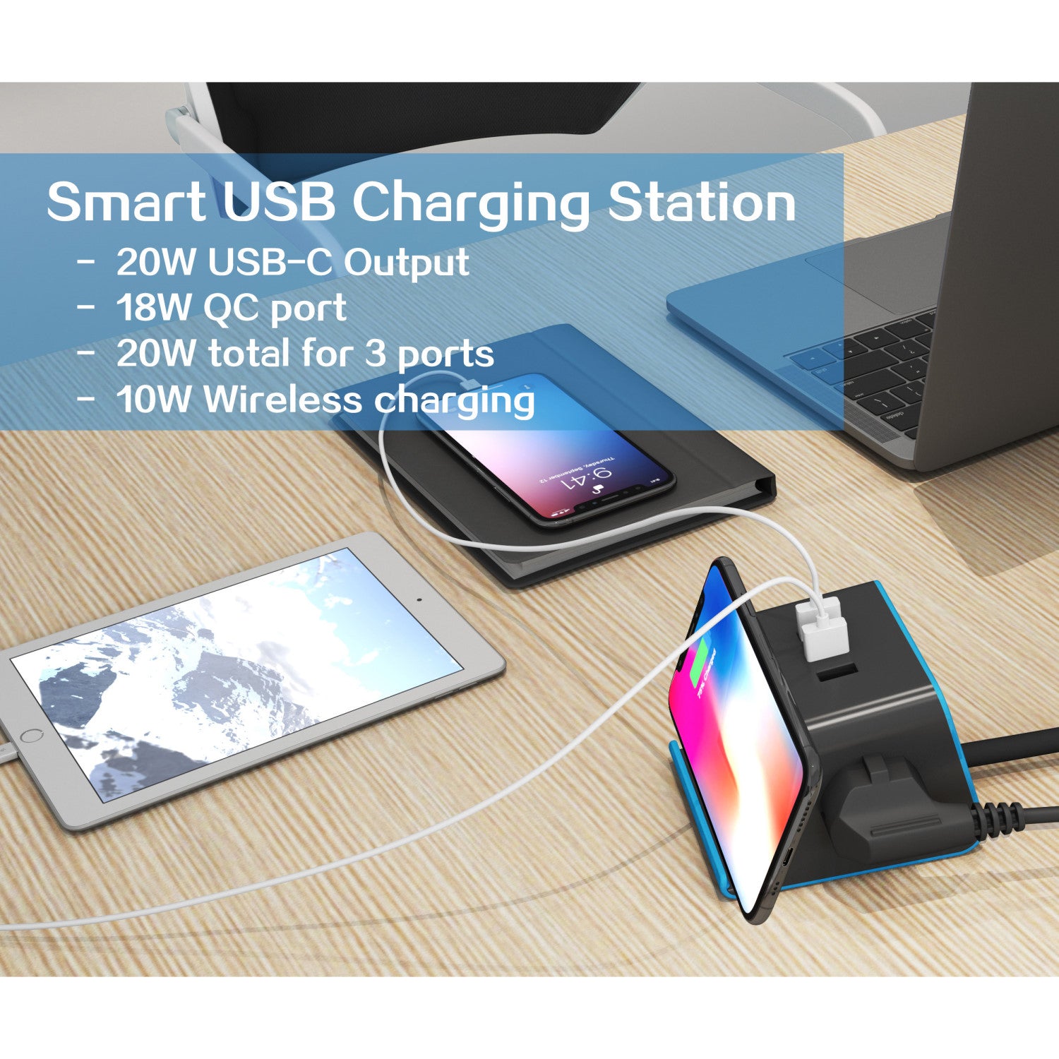 MyDesktop Pro 60W 3 USB Ports and 2 Power Outlets Power Station with Wireless Charging Stand for iPhone, Android, Tablets and Laptops